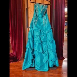 Teal strapless evening gown